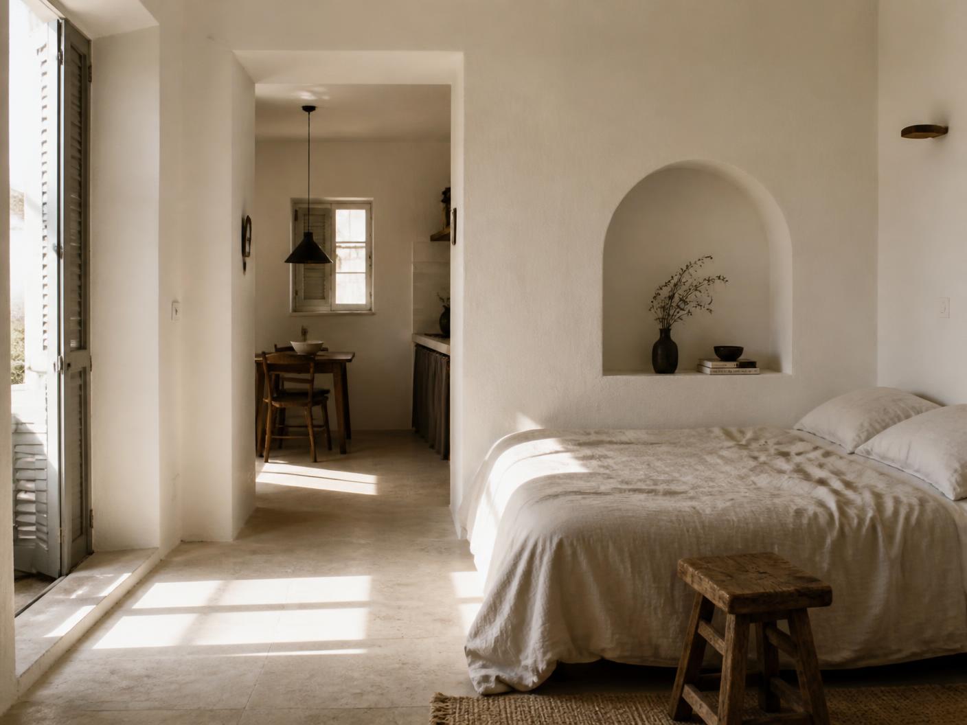 Minimal interior with linen bed and arched plaster niche