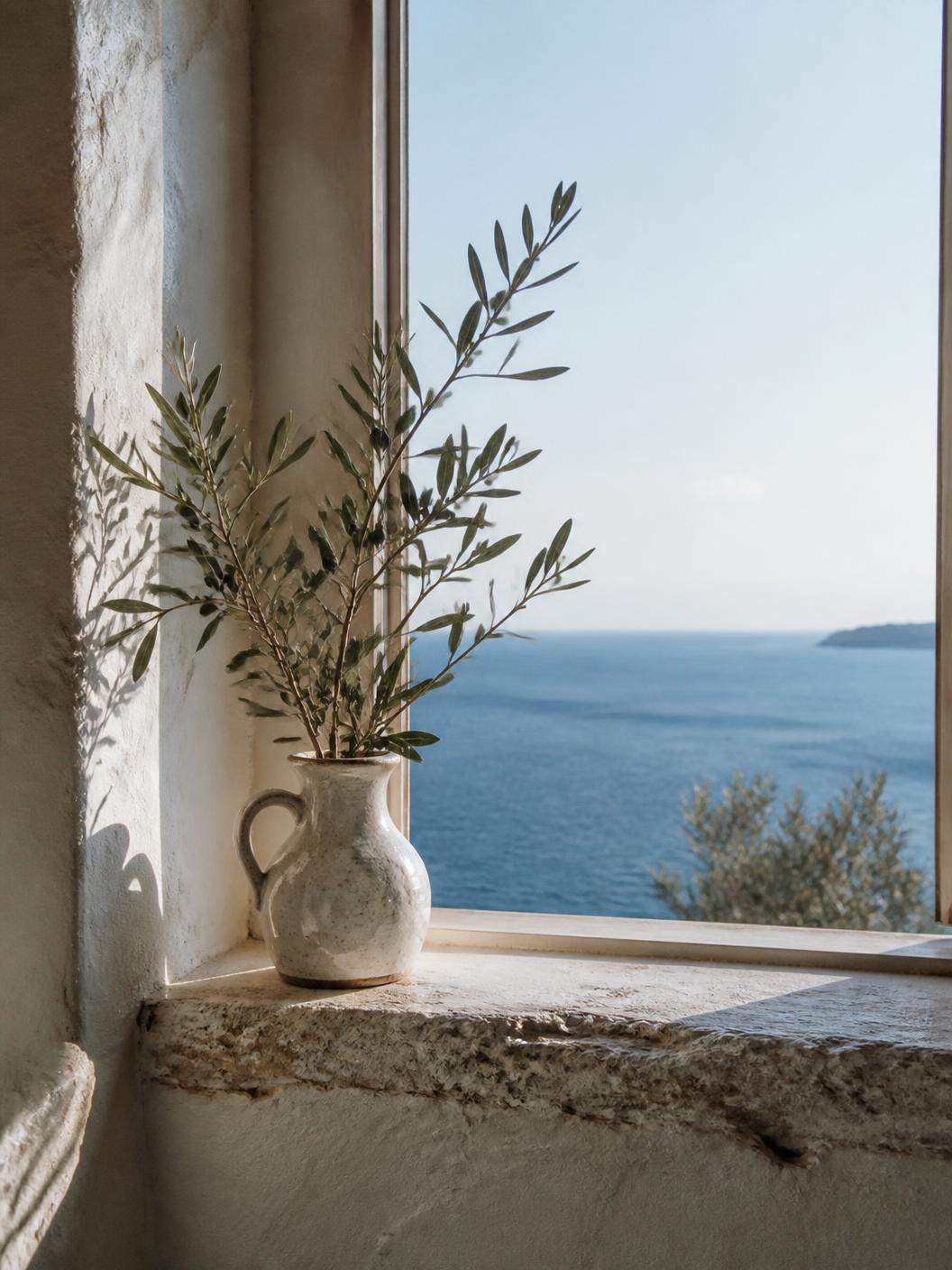 Olive branch in a ceramic jug on a stone window ledge facing the sea