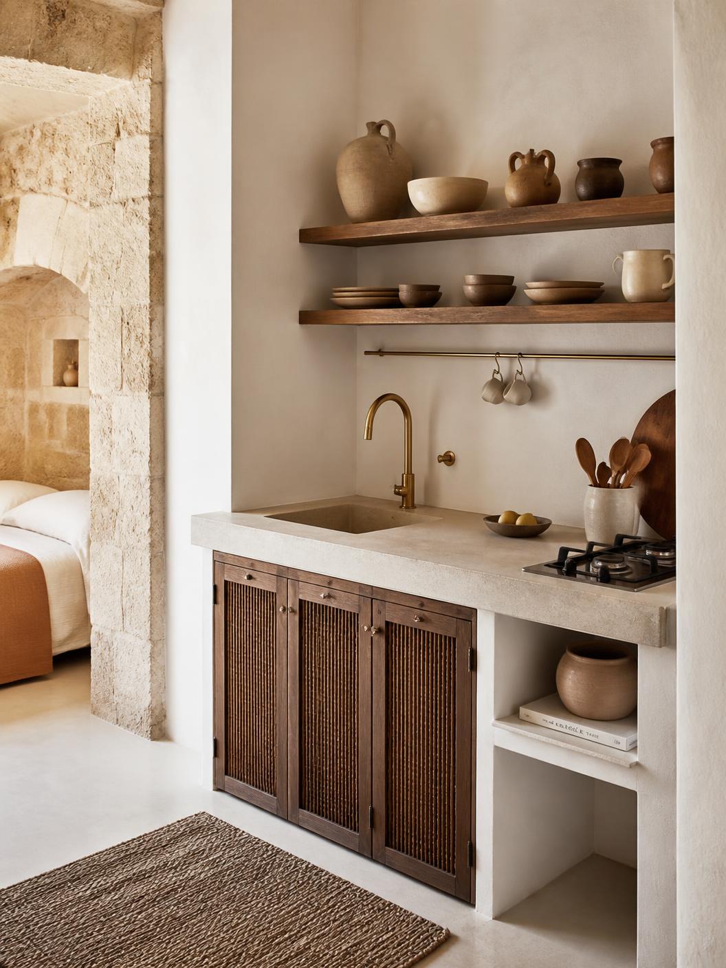 Small kitchenette with ceramics and brass tap