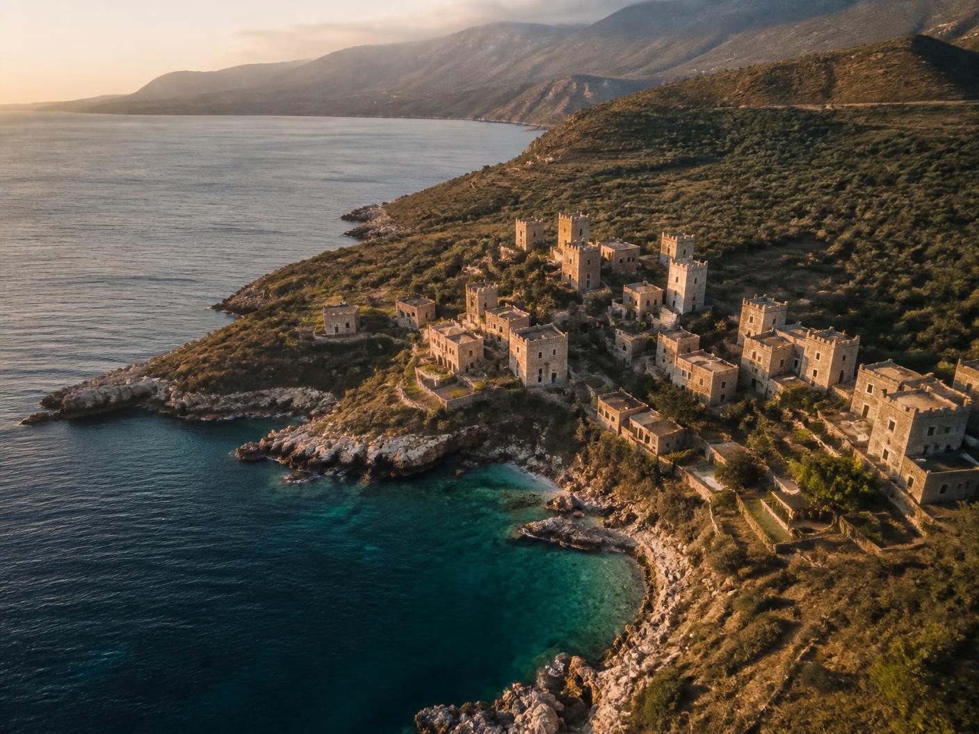 Aerial view of the Mani coastline and tower village at sunset